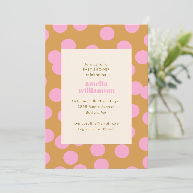 Convite Chuva de Bebê Rosa Dourado com Bolinhas Retrô Mode (Em pé/Frente)