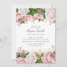 Convite Chuva de Bebê Rosa Dourado Floral
