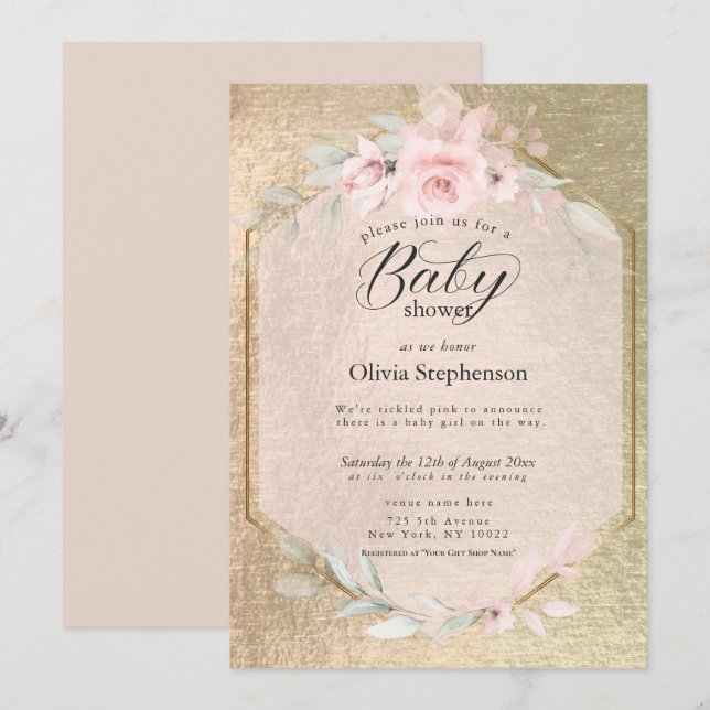 Convite Chuva de Bebê Rosa Dourado para Menina (Frente/Verso)