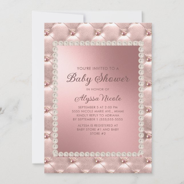 Convite Chuva de Bebê Rosa Elegante Dourado Branco Pérolas (Frente)