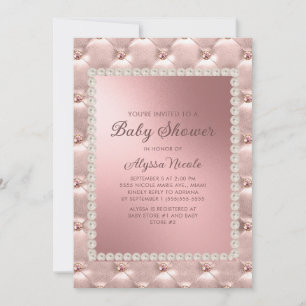 Convite Chuva de Bebê Rosa Elegante Dourado Branco Pérolas