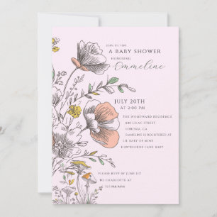 Convite Chuva de Bebê Rosa Flor Silvestre Rústica Elegante