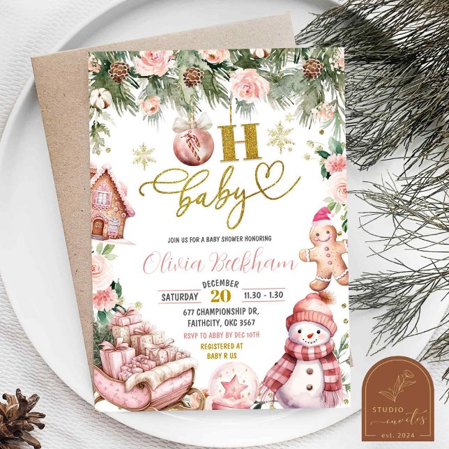 Convite Chuva de Bebê Rosa Floral de Natal Trenó Oh Bebê (Criador carregado)