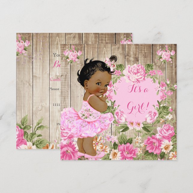 Convite Chuva de Bebê Rosa Floral Rústico Madeira Menina É (Frente/Verso)