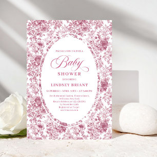 Convite Chuva de Bebê Rosa Poeira Elegante Francês Toile