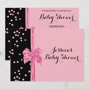 Convite Chuva de Bebê Rosa Romântica com Laço e Pérolas