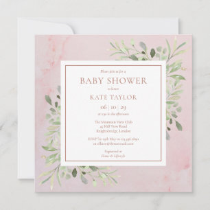 Convite Chuva de Bebê Rose Gold Mármore Folhagens Sprink