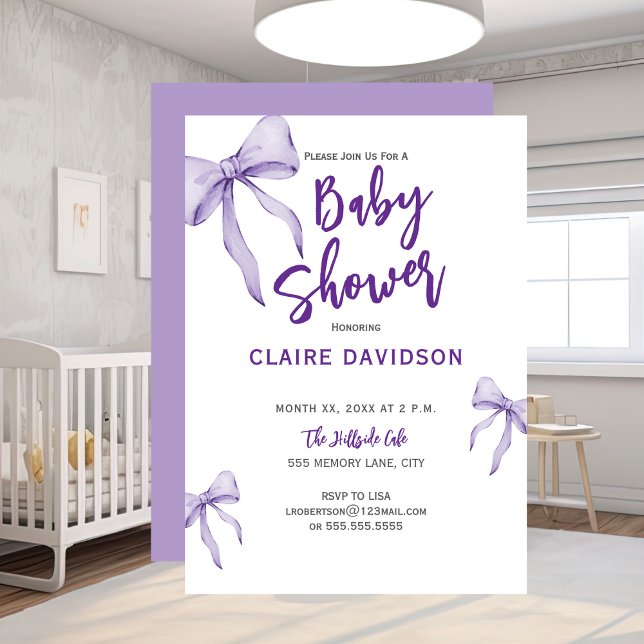 Convite Chuva de Bebê Roxo Suave (Baby Shower Soft Purple Bows Invitation)