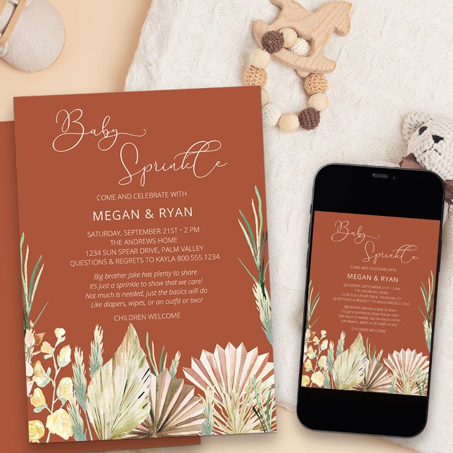 Convite Chuva de Bebê Rústica Boho Palma Terracota (Neutral and earthy boho baby sprinkle invitation with dried palms flowers and grass)