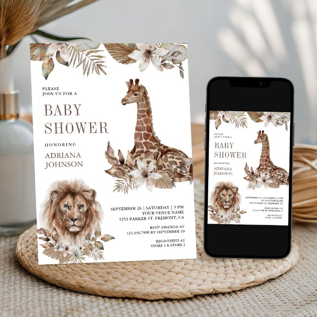 Convite Chuva de Bebê Rústica Boho Safari Leão e Girafa (Criador carregado)