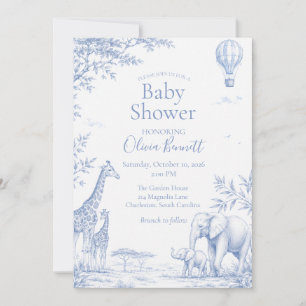Convite Chuva de Bebê Safari Girafa Elefante Azul