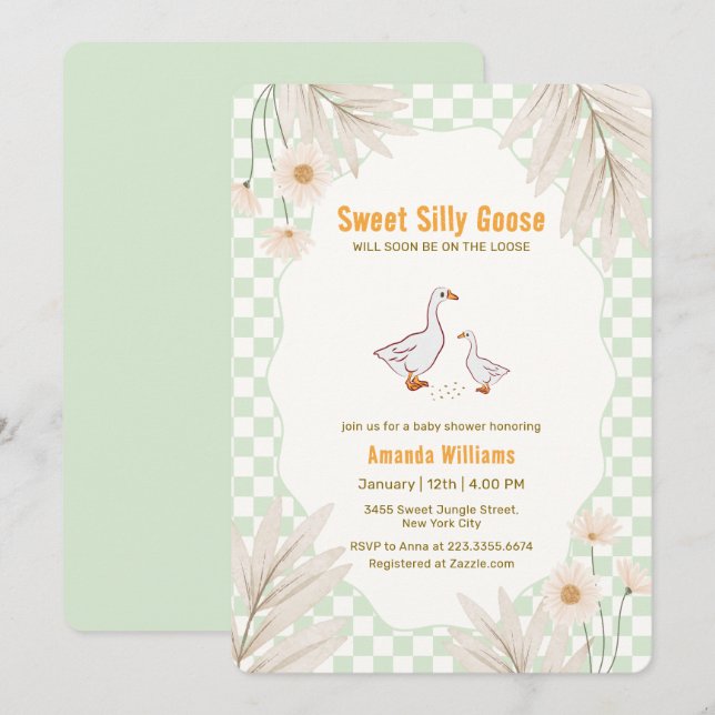 Convite Chuva de Bebê Sage Gingham Daisy Boho Silly Goose (Frente/Verso)