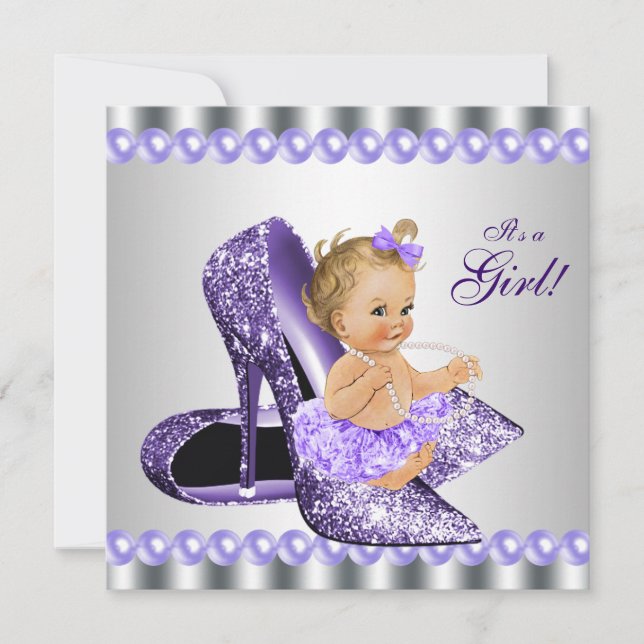 Convite Chuva de Bebê Sapato de Salto Alto Roxo Cinza (Frente)
