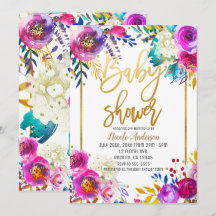 Chuva de Bebê Script Dourado Negrito Floral Aquare