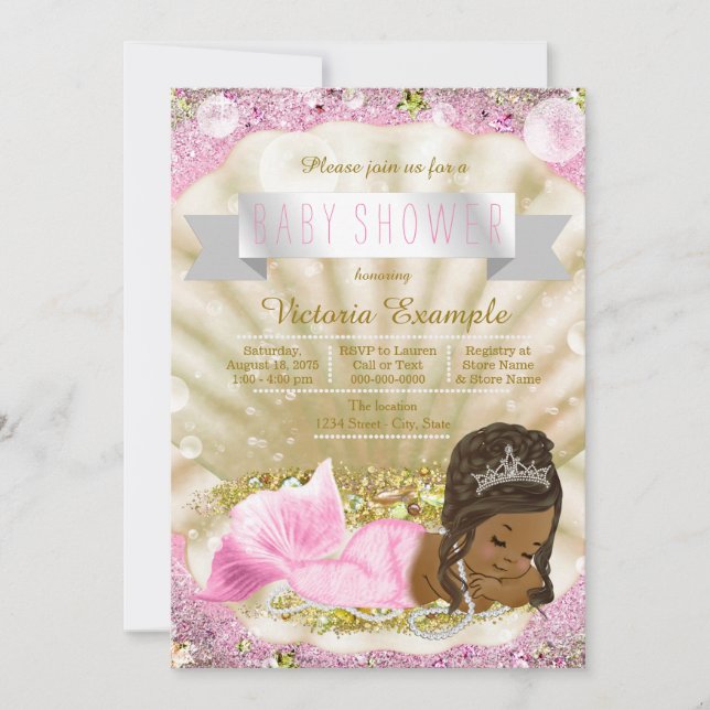 Convite Chuva de Bebê Sereia Afro-Americana em Dourado Ros (Frente)