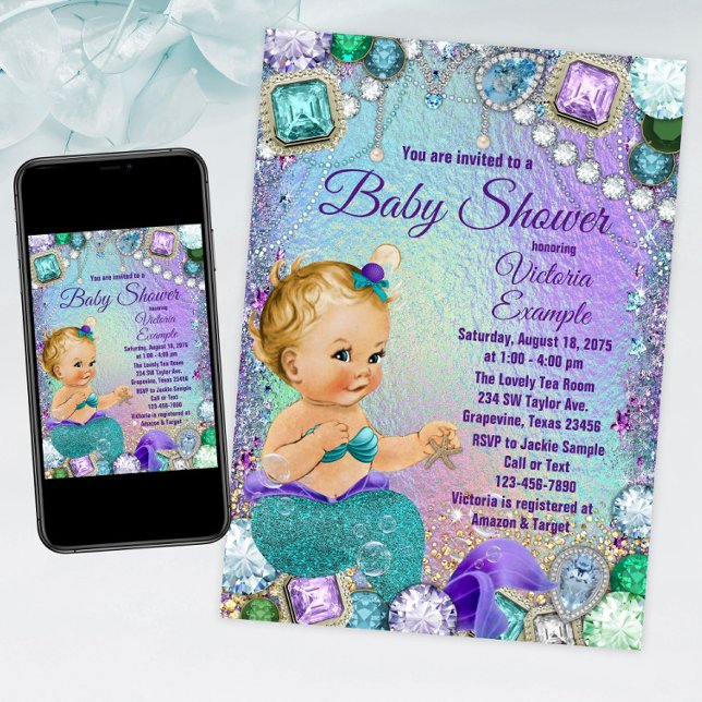 Convite Chuva de Bebê Sereia Loura Joia (Mermaid baby shower invitation with cute mermaid baby on a jewel background. For print or download.)