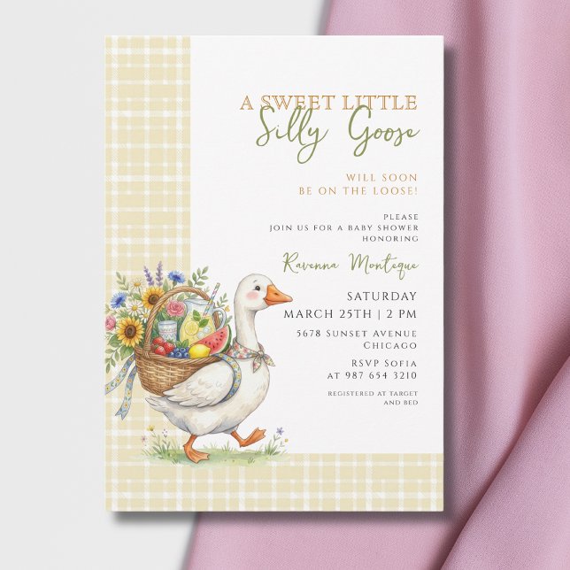 Convite Chuva de Bebê Silly Goose Amarelo Gingham Flor (Criador carregado)