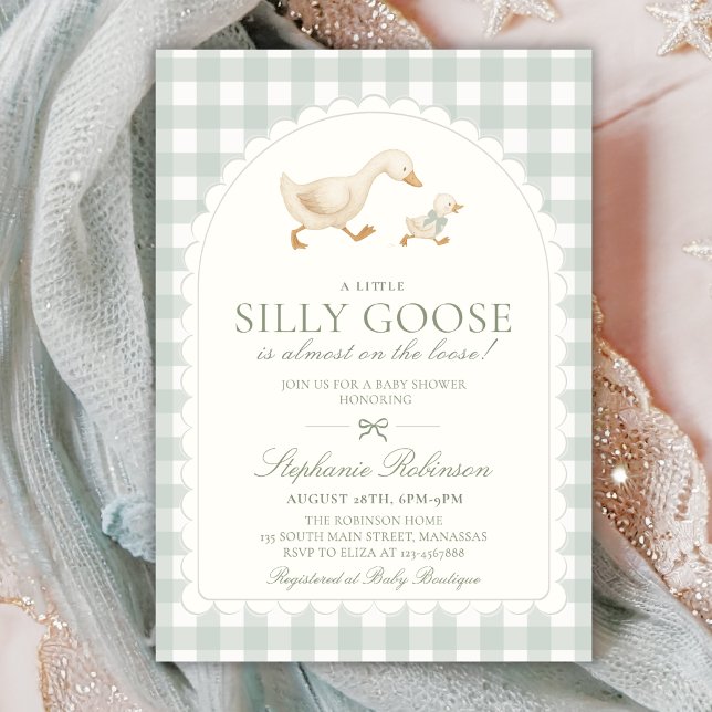 Convite Chuva de Bebê Silly Goose Arco Neutro em Xadrez Ve (Criador carregado)