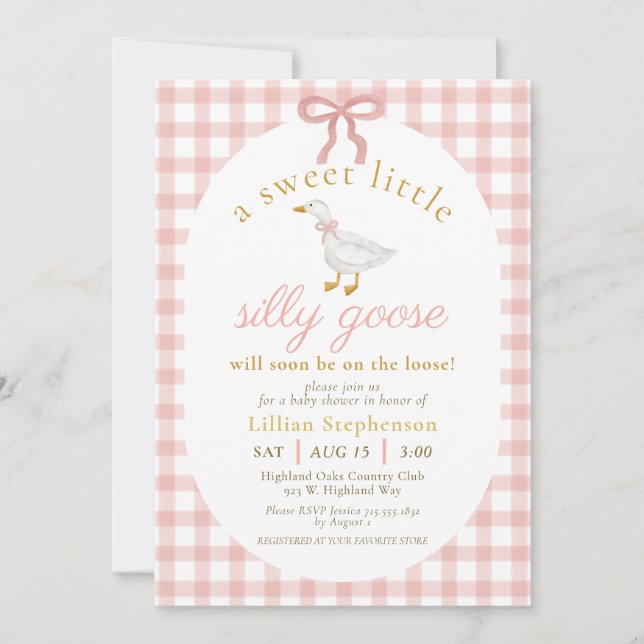 Convite Chuva de Bebê Silly Goose Blush Rosa Xadrez (Frente)