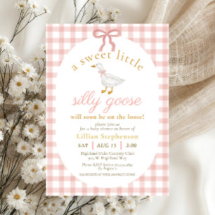 Convite Chuva de Bebê Silly Goose Blush Rosa Xadrez