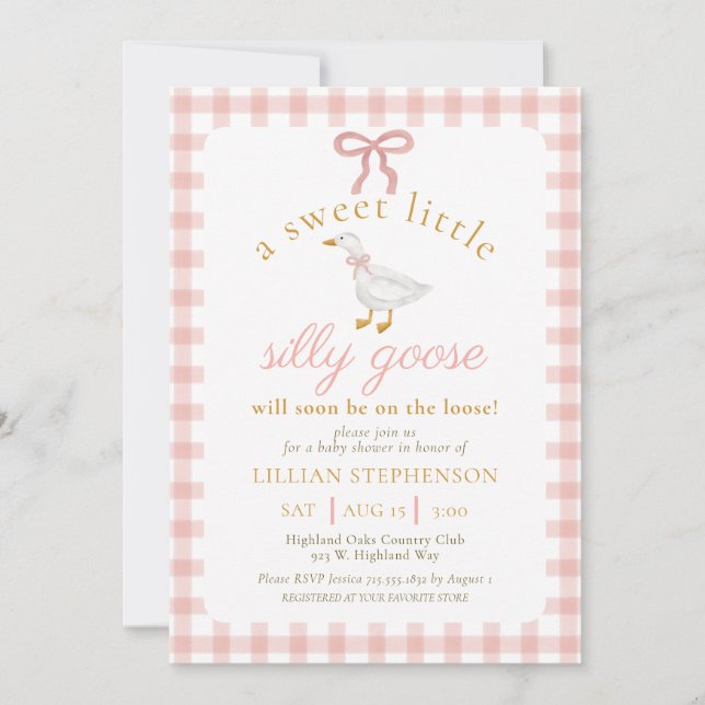 Convite Chuva de Bebê Silly Goose Blush Rosa Xadrez (Frente)