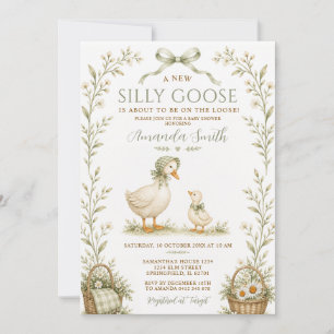 Convite Chuva de Bebê Silly Goose em Xadrez Floral Verde E
