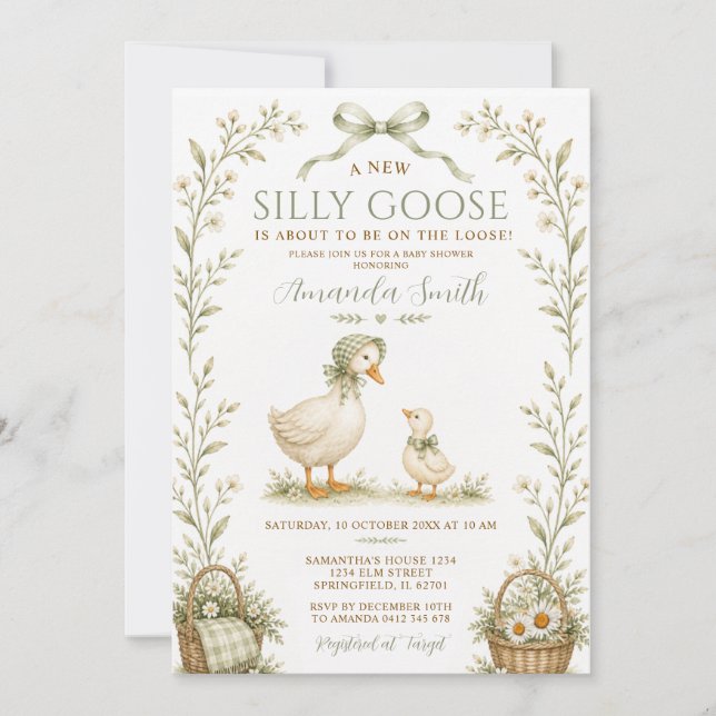 Convite Chuva de Bebê Silly Goose em Xadrez Floral Verde E (Frente)