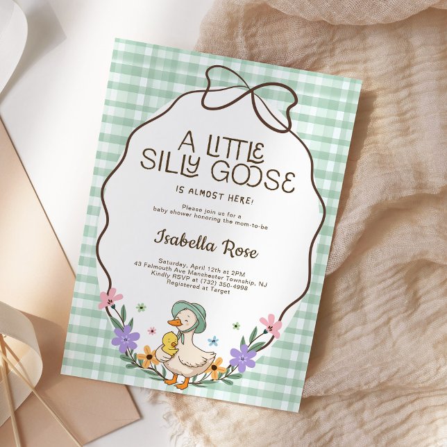 Convite Chuva de Bebê Silly Goose em Xadrez Verde Neutro (Criador carregado)