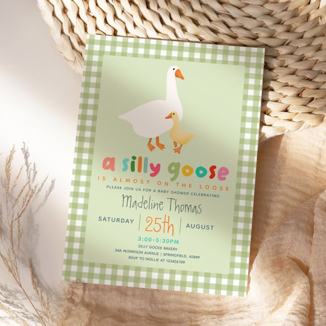Convite Chuva de Bebê Silly Goose Neutro Moderno em Xadrez (Criador carregado)