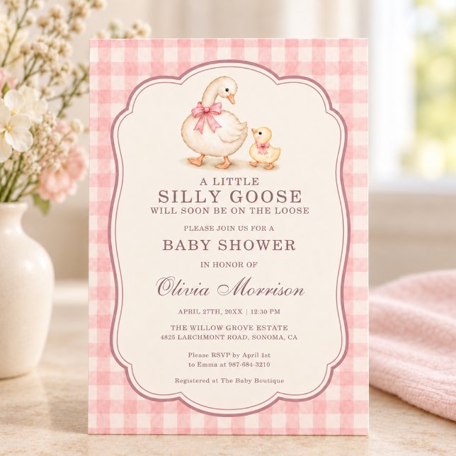 Convite Chuva de Bebê Silly Goose Rosa Xadrez com Laço (Criador carregado)