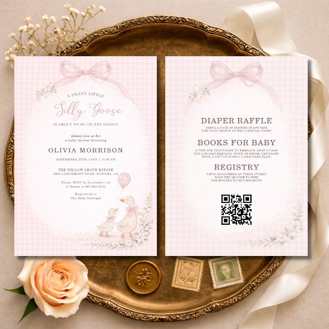 Convite Chuva de Bebê Silly Goose Rosa Xadrez Tudo em Um (Criador carregado)