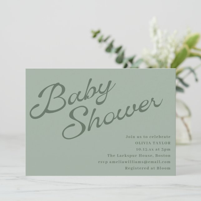 Convite Chuva de Bebê Simples Elegante em Verde Oliva com  (Em pé/Frente)