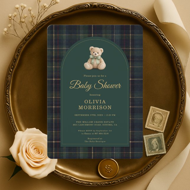 Convite Chuva de Bebê Tartan Verde Urso de Pelúcia (Criador carregado)