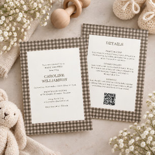 Convite Chuva de Bebê Taupe Marrom Gingham Tudo em Um Retr