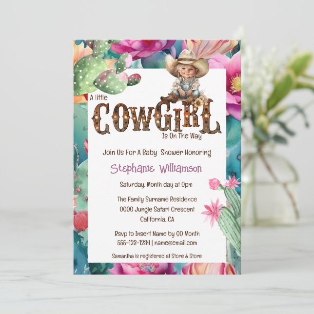 Convite Chuva de bebê tema cowgirl menina cacto (Em pé/Frente)
