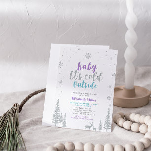 Convite Chuva de Bebê Tema Floresta de Inverno Roxo e Azul