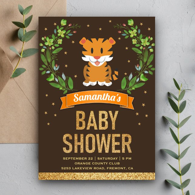 Convite Chuva de Bebê Tema Safari Floresta Tigre Fofo (Criador carregado)