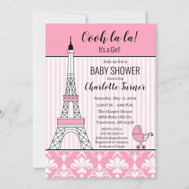 Convite Chuva de Bebê Tema Torre Eiffel Paris rosa (Frente)