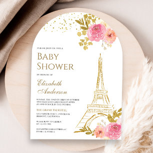 Convite Chuva de Bebê Torre Eiffel Dourada com Flores Rosa