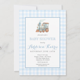 Convite Chuva de Bebê Trem Choo Choo Azul Xadrez Elegante