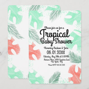 Convite Chuva de Bebê Tropical Aquarela Monstera Coral