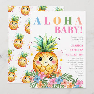 Convite Chuva de Bebê Tropical de Verão Abacaxi Rosa Aloha