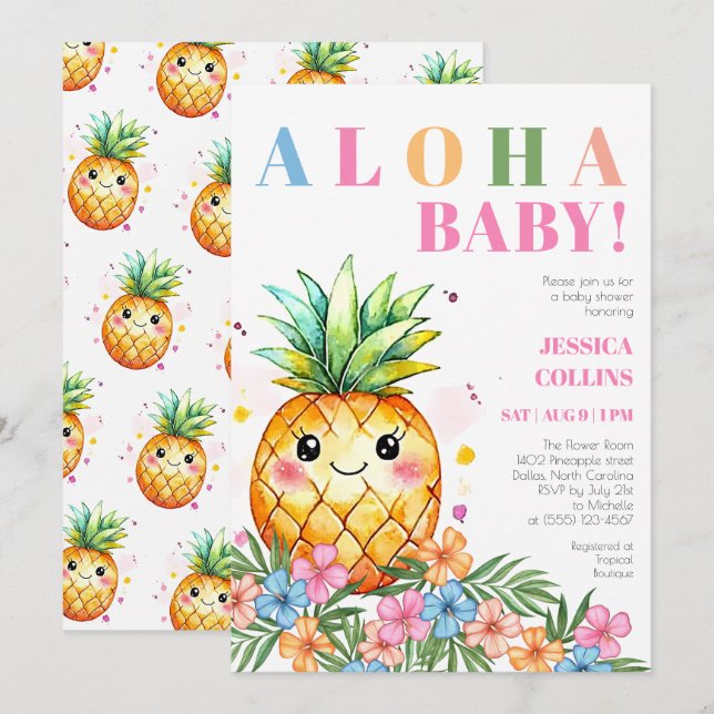 Convite Chuva de Bebê Tropical de Verão Abacaxi Rosa Aloha (Frente/Verso)