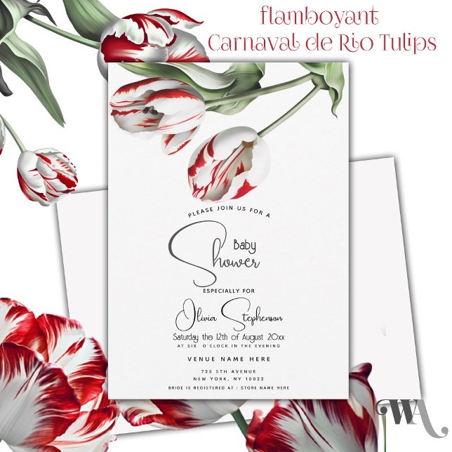Convite Chuva de Bebê| Tulipas Rembrandt Vermelhas e Branc ( Brilliant & joyful red and white tulips welcome the upcoming blessed event!)