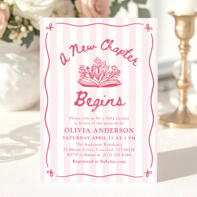 Convite Chuva de Bebê 'Um Novo Capítulo Começa' Desenhado  (Pink Hand Drawn A New Chapter Begins Baby Shower Invitation)