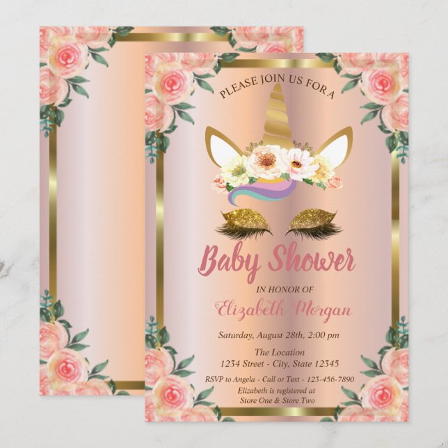 Convite Chuva de Bebê Unicórnio Brilho Dourado Rosa Floral (Frente/Verso)