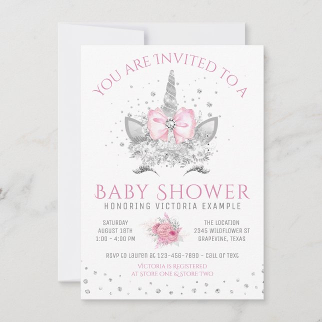 Convite Chuva de Bebê Unicórnio de Diamante Rosa e Prata (Frente)