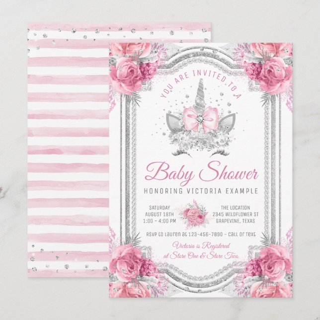 Convite Chuva de Bebê Unicórnio Diamante Prata Rosa (Frente/Verso)