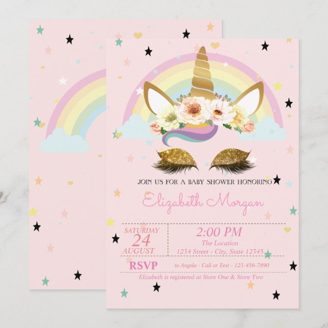 Convite Chuva de Bebê Unicórnio Floral Arco-íris Glitter D (Frente/Verso)