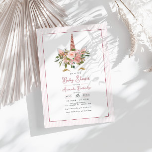 Convite Chuva de Bebê Unicórnio Floral em Rosa Dourado e B